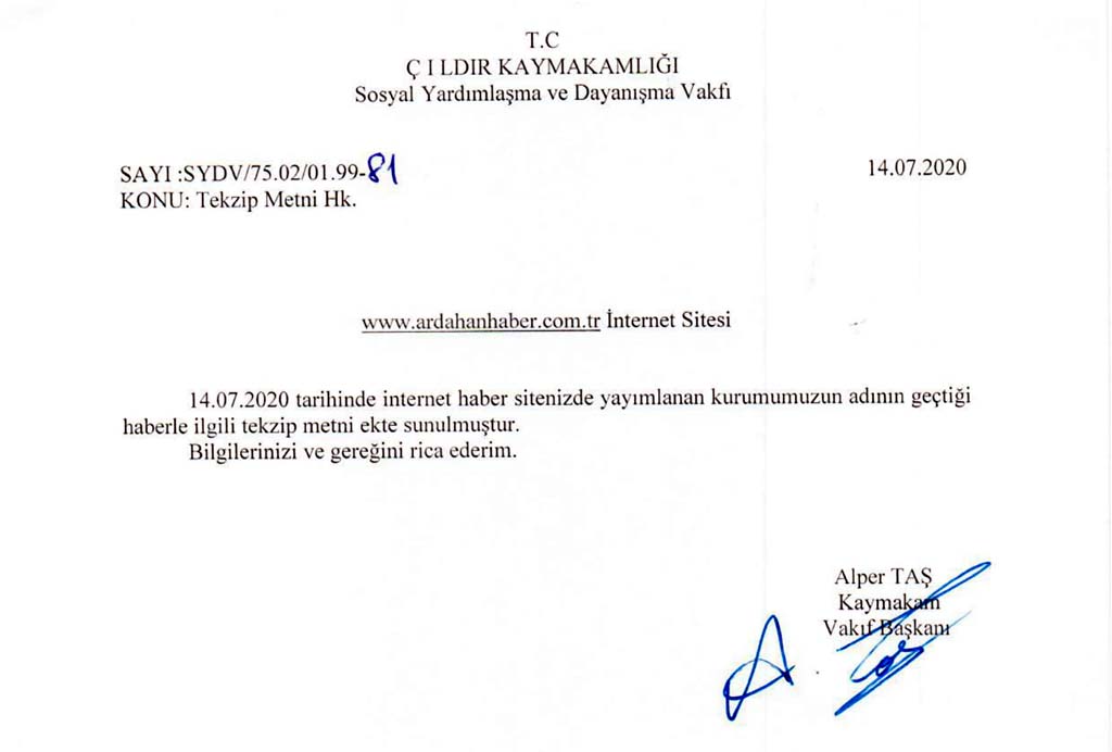 ÇILDIR KAYMAKAMLIĞINDAN AÇIKLAMA