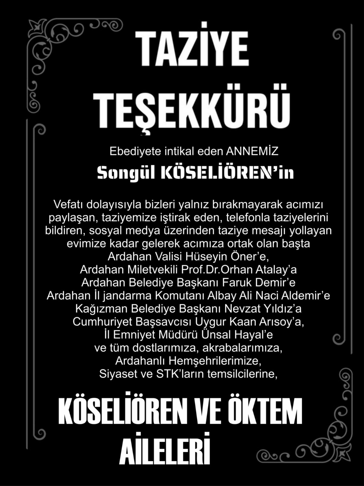 TAZİYE VE TEŞEKKÜR MESAJI