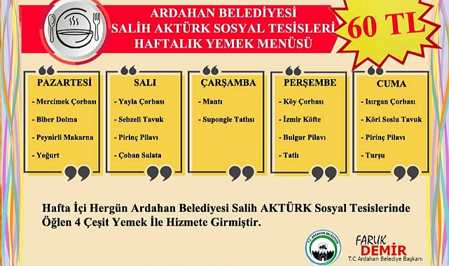 HİZMETE AÇILAN BELEDİYE TESİSLERİ HAFTALIK MENÜSÜNÜ YAYINLADI