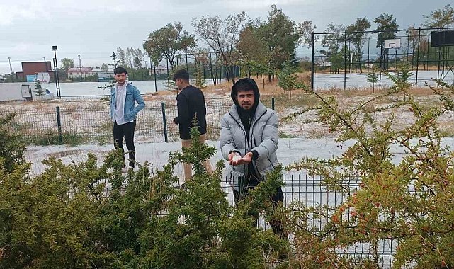 Dolu yağışı çevreyi beyaza bürüdü