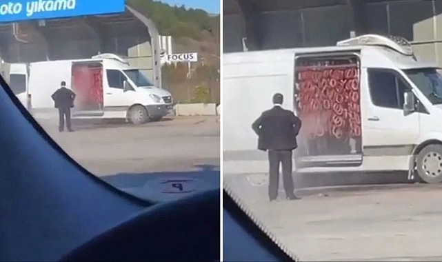Oto yıkama istasyonunda sucuk yıkadılar