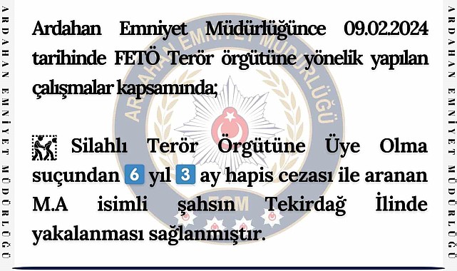 Ardahanlı firari hükümlü FETÖ üyesi Tekirdağ'da yakalandı
