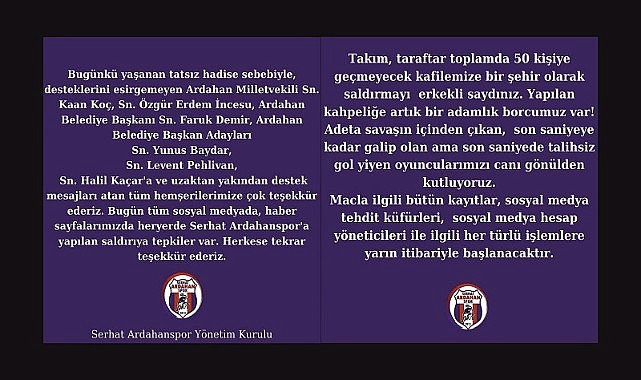 Serhat Ardahanspor: “Yasal yoldan hesap soracağız”
