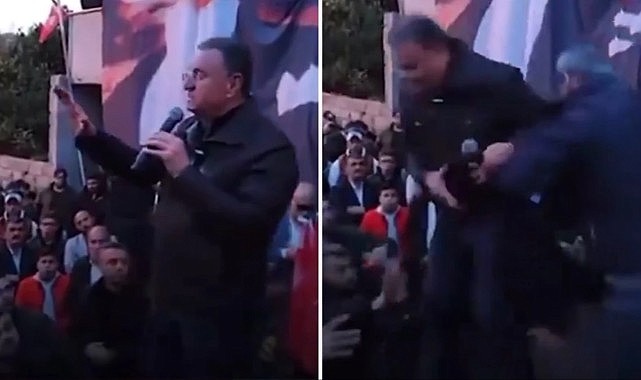 Hatay'da Lütfü Savaş'a saldırı! Sahneden aşağı atıldı