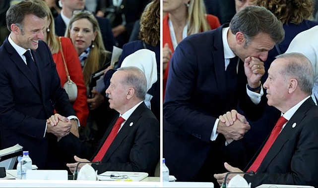 Cumhurbaşkanı Erdoğan, G-7 Zirvesi'nde yanına gelen Fransa Cumhurbaşkanı Macron ile görüştü
