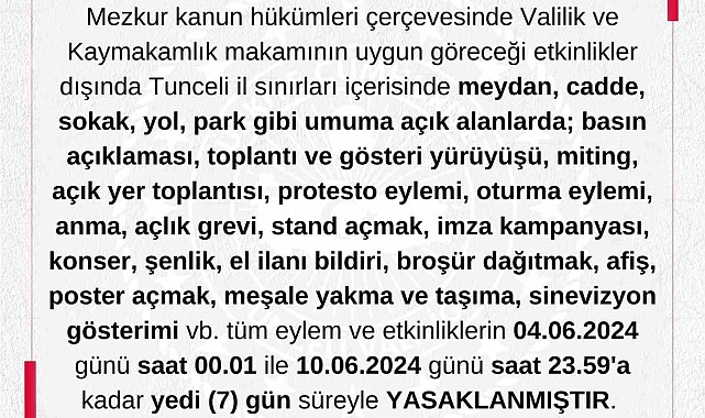 Tunceli'de gösteri ve yürüyüşler 7 gün boyunca yasaklandı