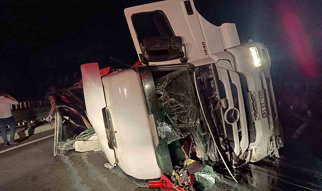 Bingöl'de kontrolden çıkan tır köprüde yan yattı