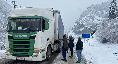 Şavşat girişinde yabancı plakalı tır yolda kaldı