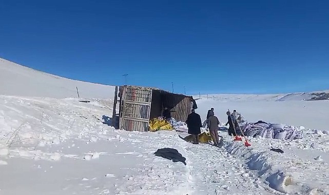 Erzurum'da yem yüklü kamyon devrildi