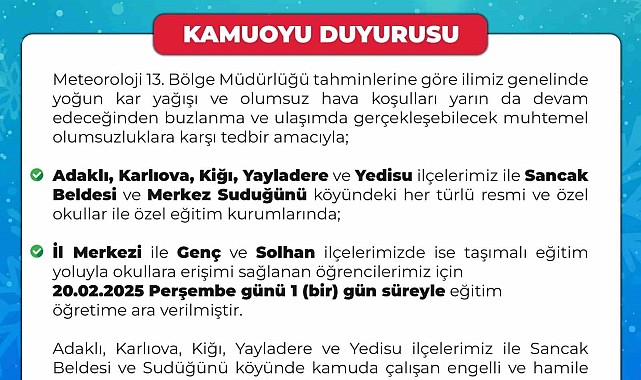 Bingöl'ün 5 ilçesinde okullara kar tatili