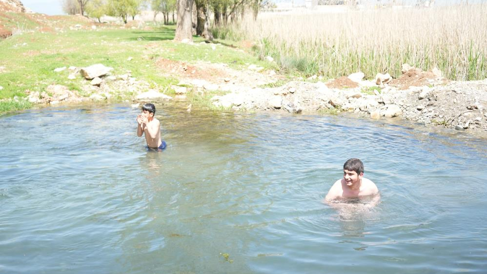 Çocuklar soğuğa aldırmadı: Titreye titreye gölette yüzdüler