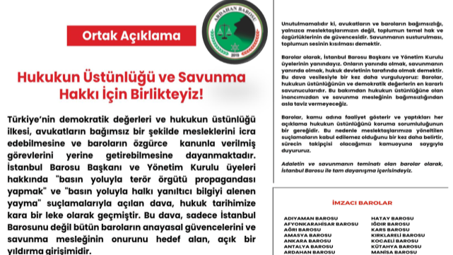 Barolardan Ortak Tepki: "Hukukun Üstünlüğü ve Savunma Hakkı İçin Birlikteyiz!"
