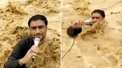 Canlı yayında akıntıya kapıldı!