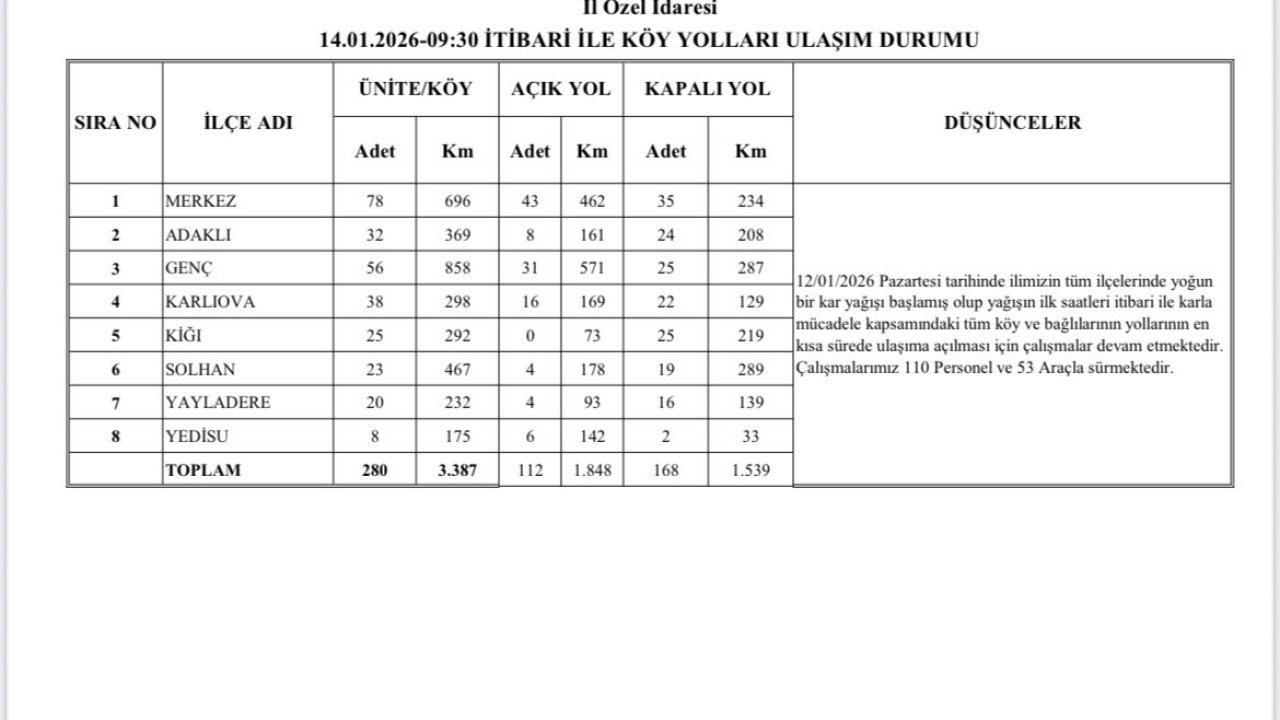 Bingöl’de karla mücadele sürüyor: 168 köy yolu kapalı