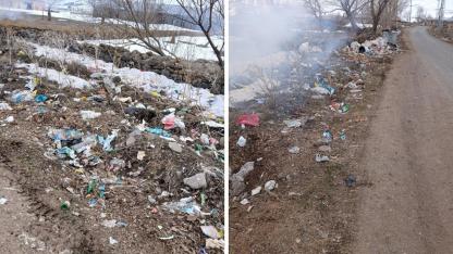 Karlar eridi köylerdeki çöpler gün yüzüne çıktı