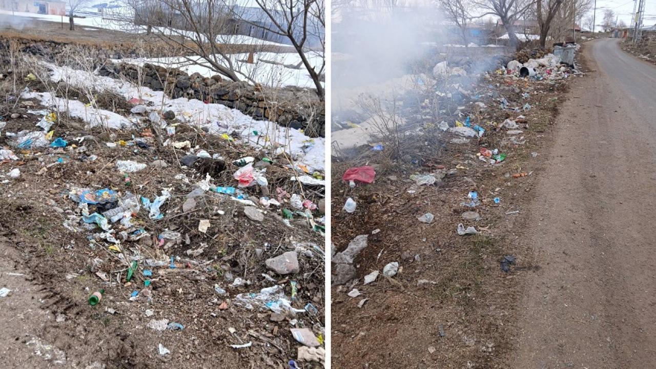 Karlar eridi köylerdeki çöpler gün yüzüne çıktı
