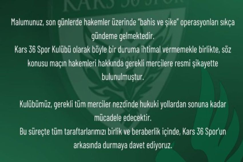 Kars 36 Spor Başkanı Uluman, yenilgiyi hazmedemedi suçu hakemlere attı